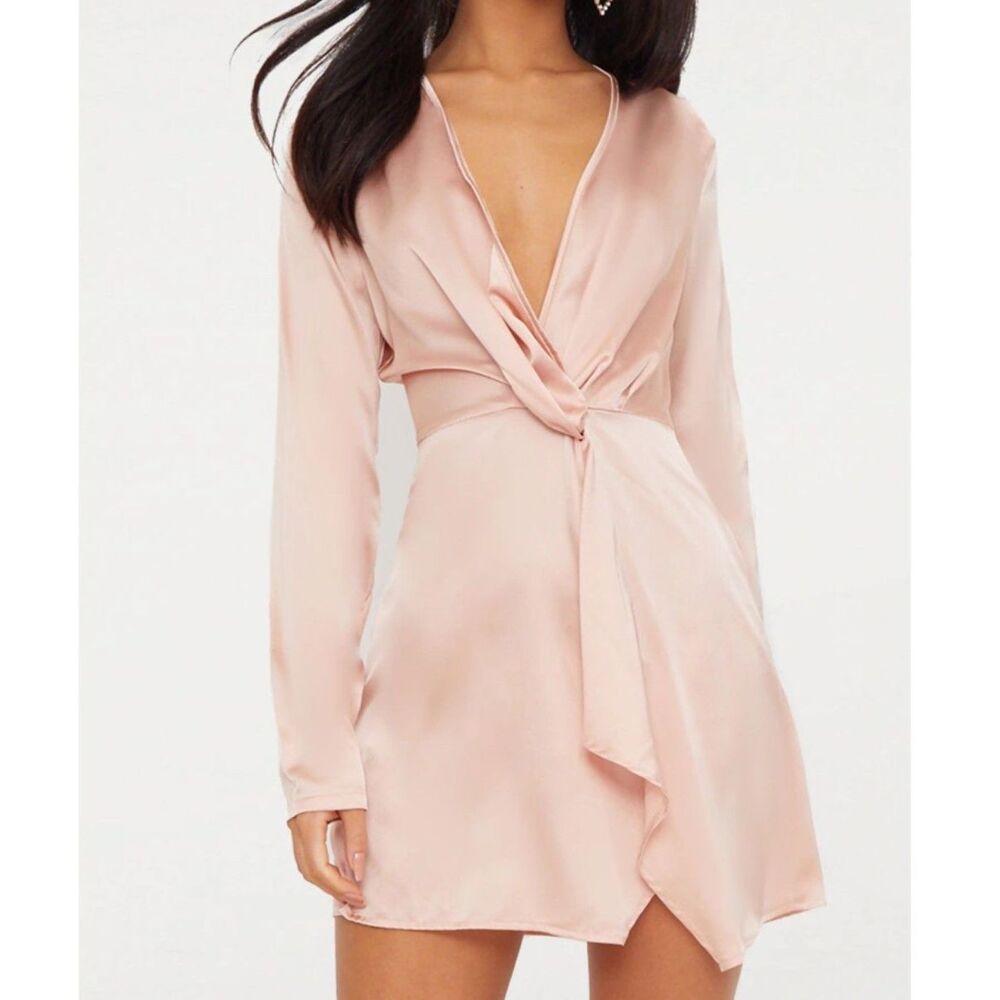PrettyLittleThing Pink Satin Draped Knot Front Blouse Plunging V Neck Top 10